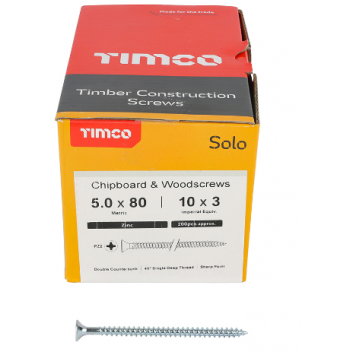 TIMco 50080SOLOZ Solo Woodscrew CSK PZ2 No.10 x 3in BZP (200)