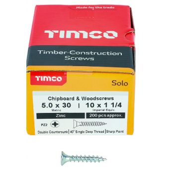 TIMco 50030SOLOZ Solo Woodscrew CSK PZ2 No.10 x 1 1/4in BZP (200)