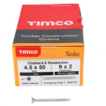 TIMco 45050SOLOZ Solo Woodscrew CSK PZ2 No.9 x 2in BZP (200)