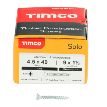 TIMco 45040SOLOZ Solo Woodscrew CSK PZ2 No.9 x 1 1/2in BZP (200)