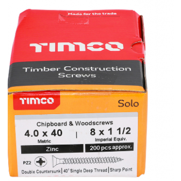 TIMco 40040SOLOZ Solo Woodscrew CSK PZ2 No.8 x 1 1/2in BZP (200)
