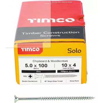 TIMco 50100SOLOZ Solo Woodscrew CSK PZ2 No.10 x 4in BZP (100)