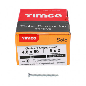 TIMco 40050SOLOZ Solo Woodscrew CSK PZ2 No.8 x 2in BZP (200)