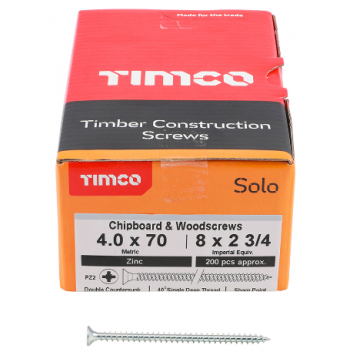 TIMco 40070SOLOZ Solo Woodscrew CSK PZ2 No.8 x 2 3/4in BZP (200)