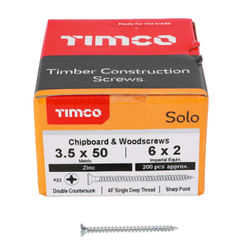 TIMco 35050SOLOZ Solo Woodscrew CSK PZ2 No.6 x 2in BZP (200)