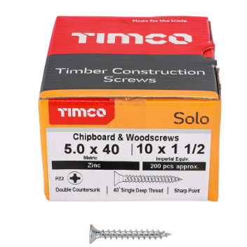 TIMco 50040SOLOZ Solo Woodscrew CSK PZ2 No.10 x 1 1/2in BZP (200)