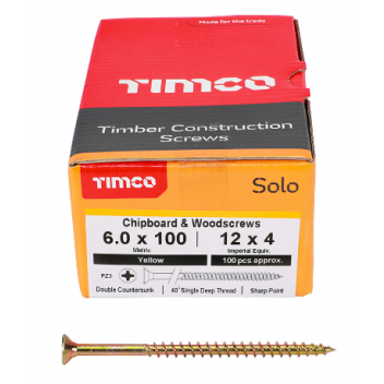 TIMco 60100SOLOC Solo Woodscrew CSK PZ3 No.12 x 4in ZYP (100)