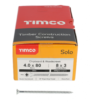 TIMco 40080SOLOZ Solo Woodscrew CSK PZ2 No.8 x 3in BZP (200)