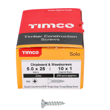 TIMco 50025SOLOZ Solo Woodscrew CSK PZ2 No.10 x 1in BZP (200)